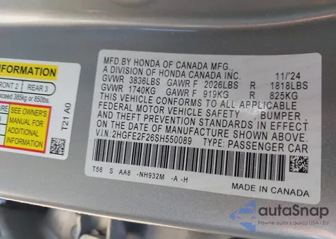 2025 Honda Civic Lx z USA, uszkodzony, nr VIN 2HGFE2F26SH550089